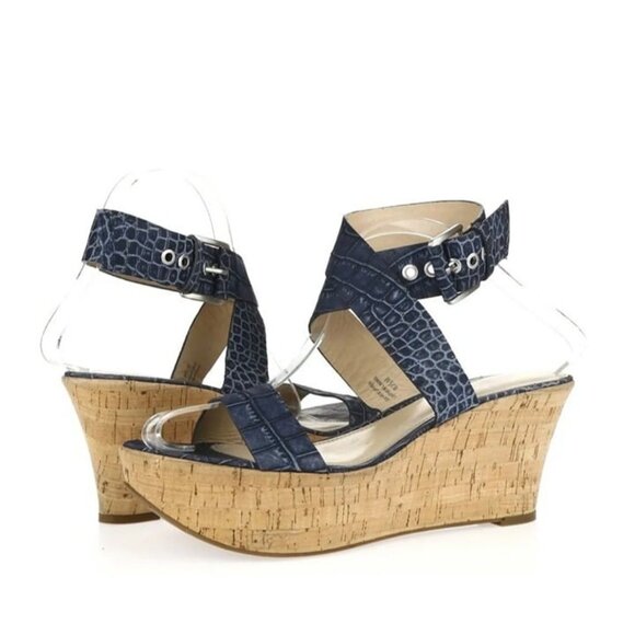 NWT Via Spiga Size 9.5 Blue Alligator Print Leather Cork Wedge Heels Womens #42 - Picture 1 of 9